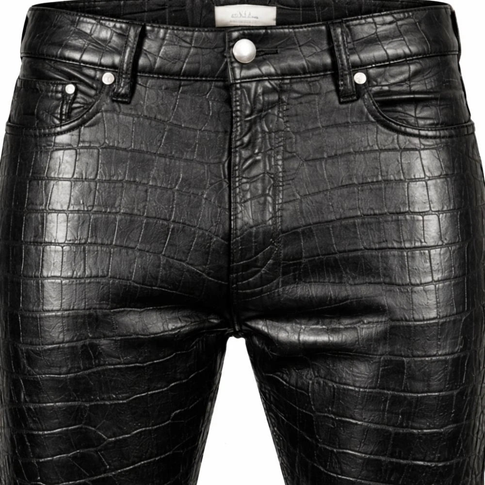 Men’s Black Crocodile Embossed Leather Trousers