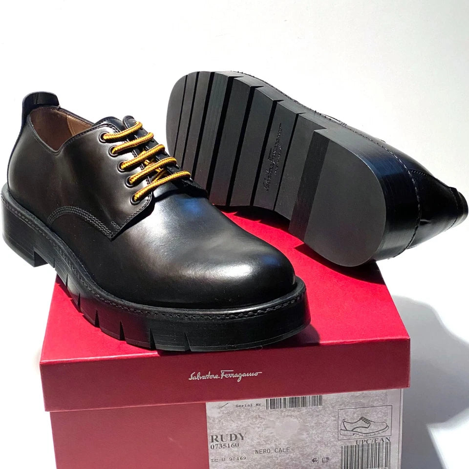 FERRAGAMO RUDY PLAIN TOE CHUNKY DERBY LEATHER WELTED LACE UP