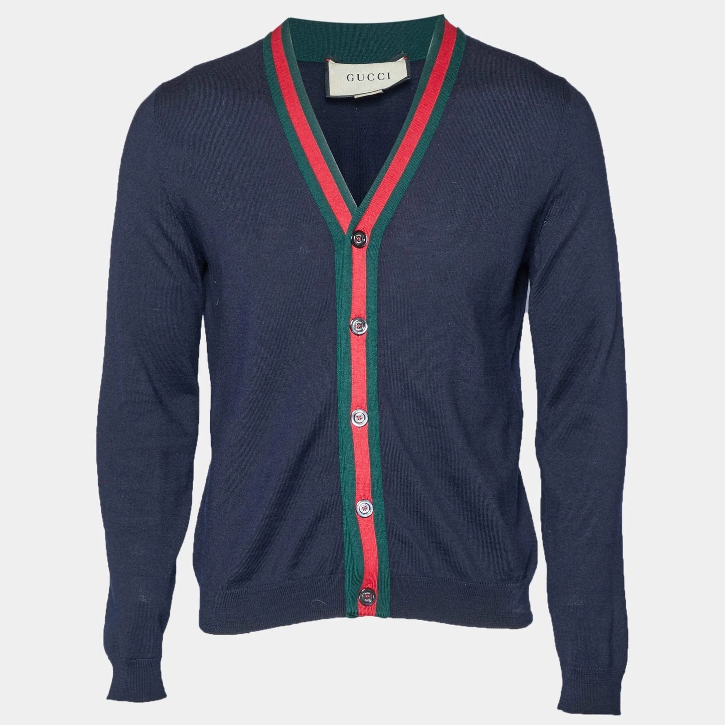 Gucci Navy Blue Web Trim Wool Knit Cardigan ( Like New )