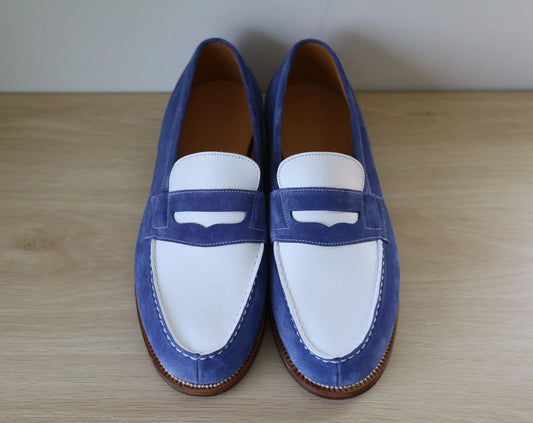 JM WESTON WHITE LEATHER BLUE SUEDE 180 PENNY LOAFER