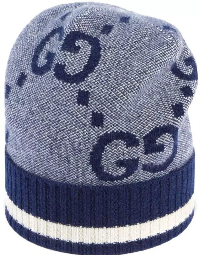 NEW GUCCI JUMBO GG BLUE WHITE 100% CASHMERE BEANIE HAT MEDIUM UNISEX