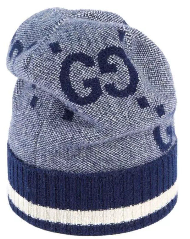 NEW GUCCI JUMBO GG BLUE WHITE 100% CASHMERE BEANIE HAT MEDIUM UNISEX