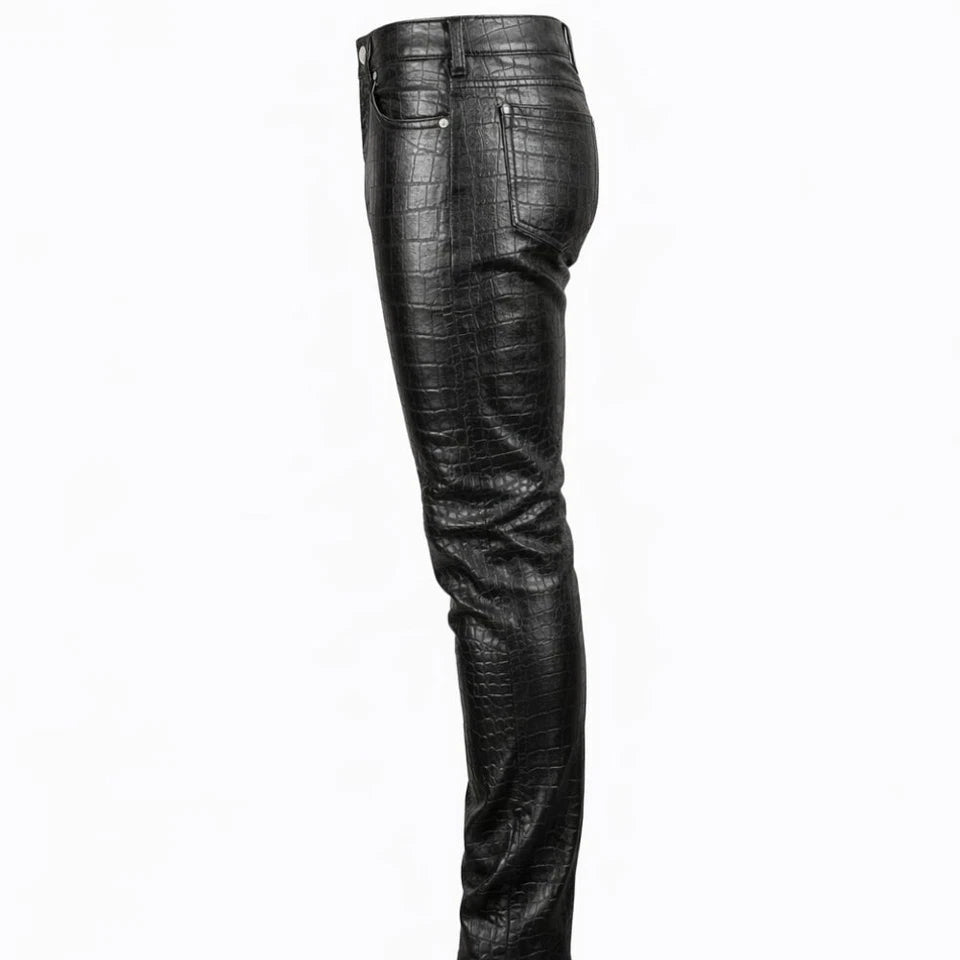 Men’s Black Crocodile Embossed Leather Trousers