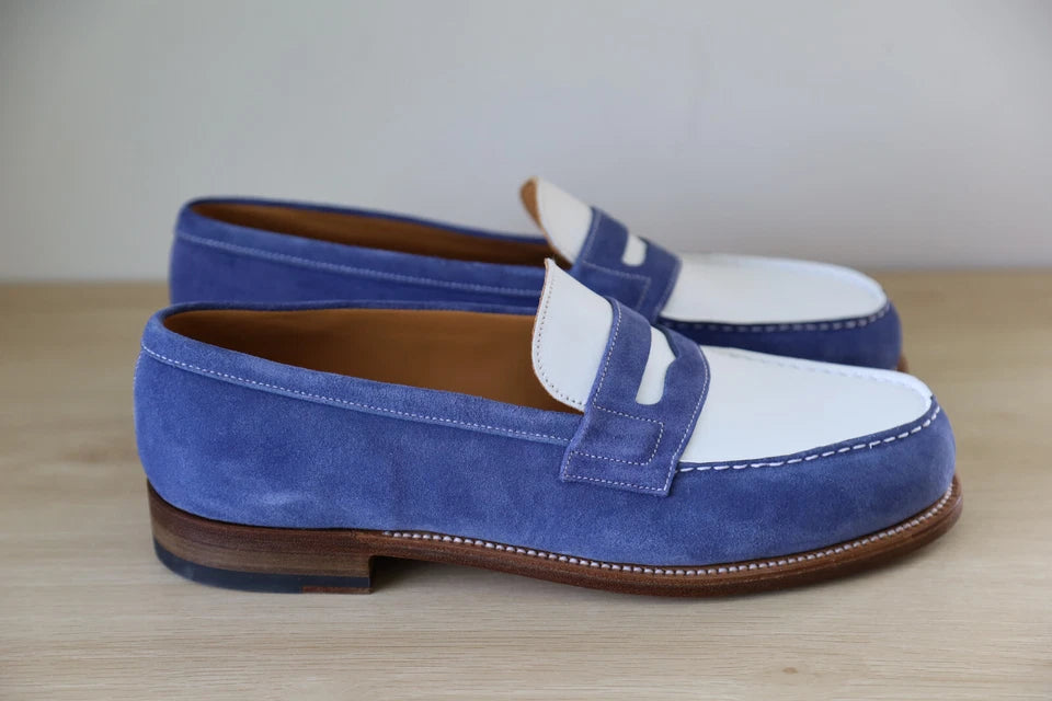 JM WESTON WHITE LEATHER BLUE SUEDE 180 PENNY LOAFER