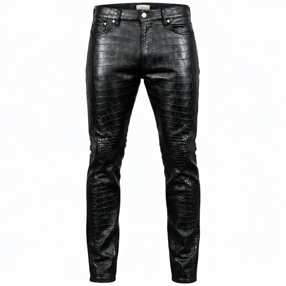 Men’s Black Crocodile Embossed Leather Trousers