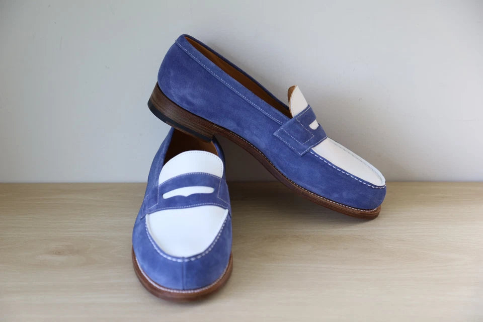 JM WESTON WHITE LEATHER BLUE SUEDE 180 PENNY LOAFER