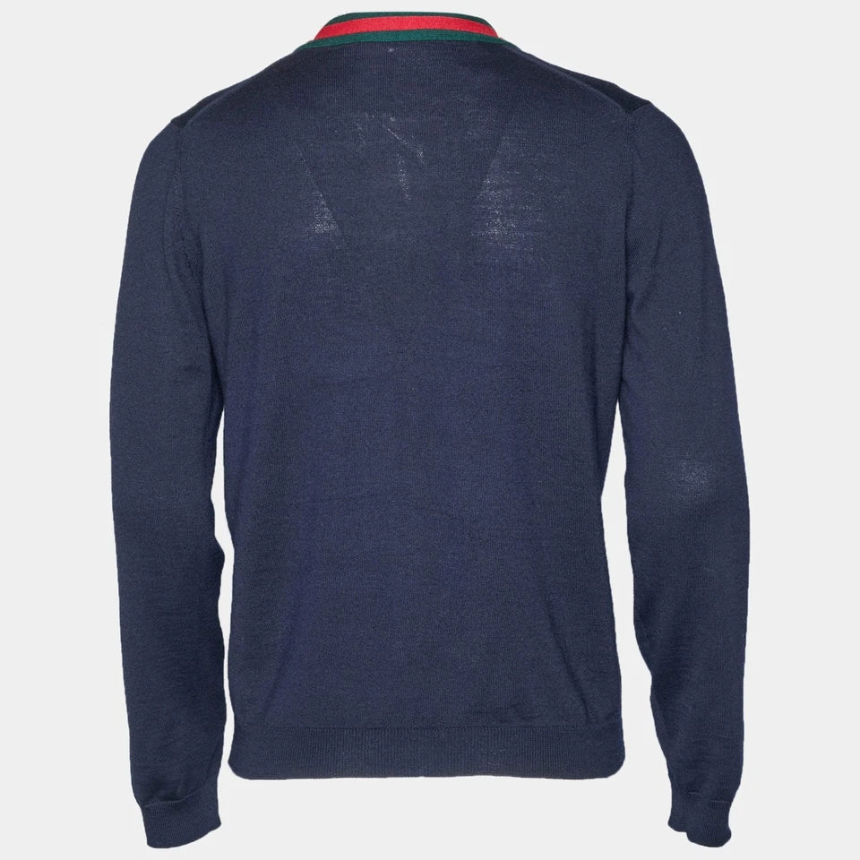 Gucci Navy Blue Web Trim Wool Knit Cardigan ( Like New )