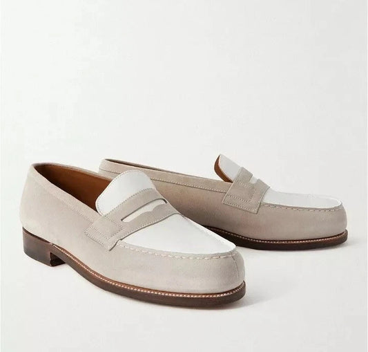 J.M. WESTON MEN’S 180 LOAFERS BELGE SUEDE & WHITE