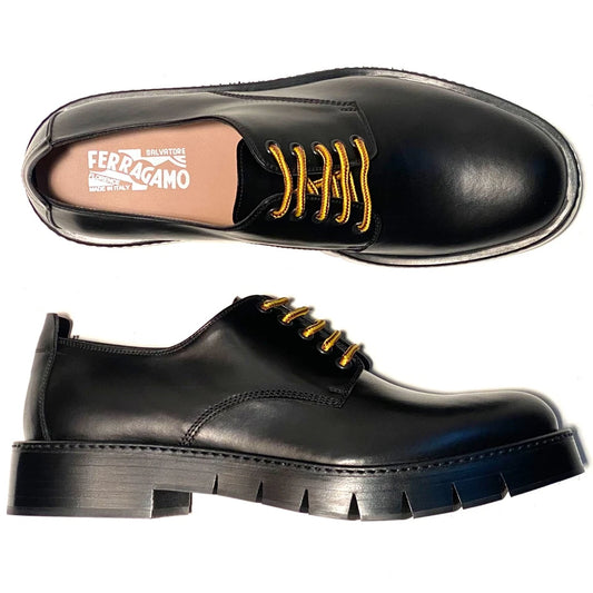 FERRAGAMO RUDY PLAIN TOE CHUNKY DERBY LEATHER WELTED LACE UP
