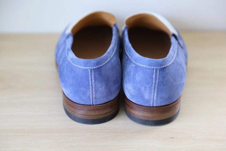 JM WESTON WHITE LEATHER BLUE SUEDE 180 PENNY LOAFER