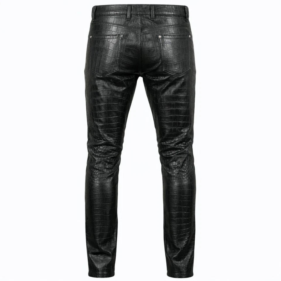 Men’s Black Crocodile Embossed Leather Trousers