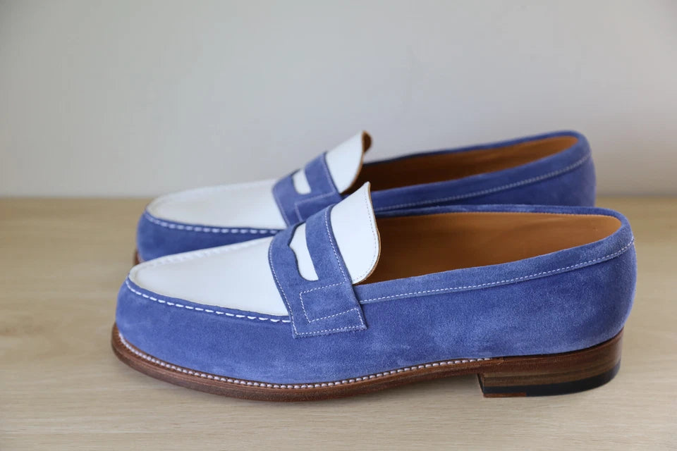 JM WESTON WHITE LEATHER BLUE SUEDE 180 PENNY LOAFER